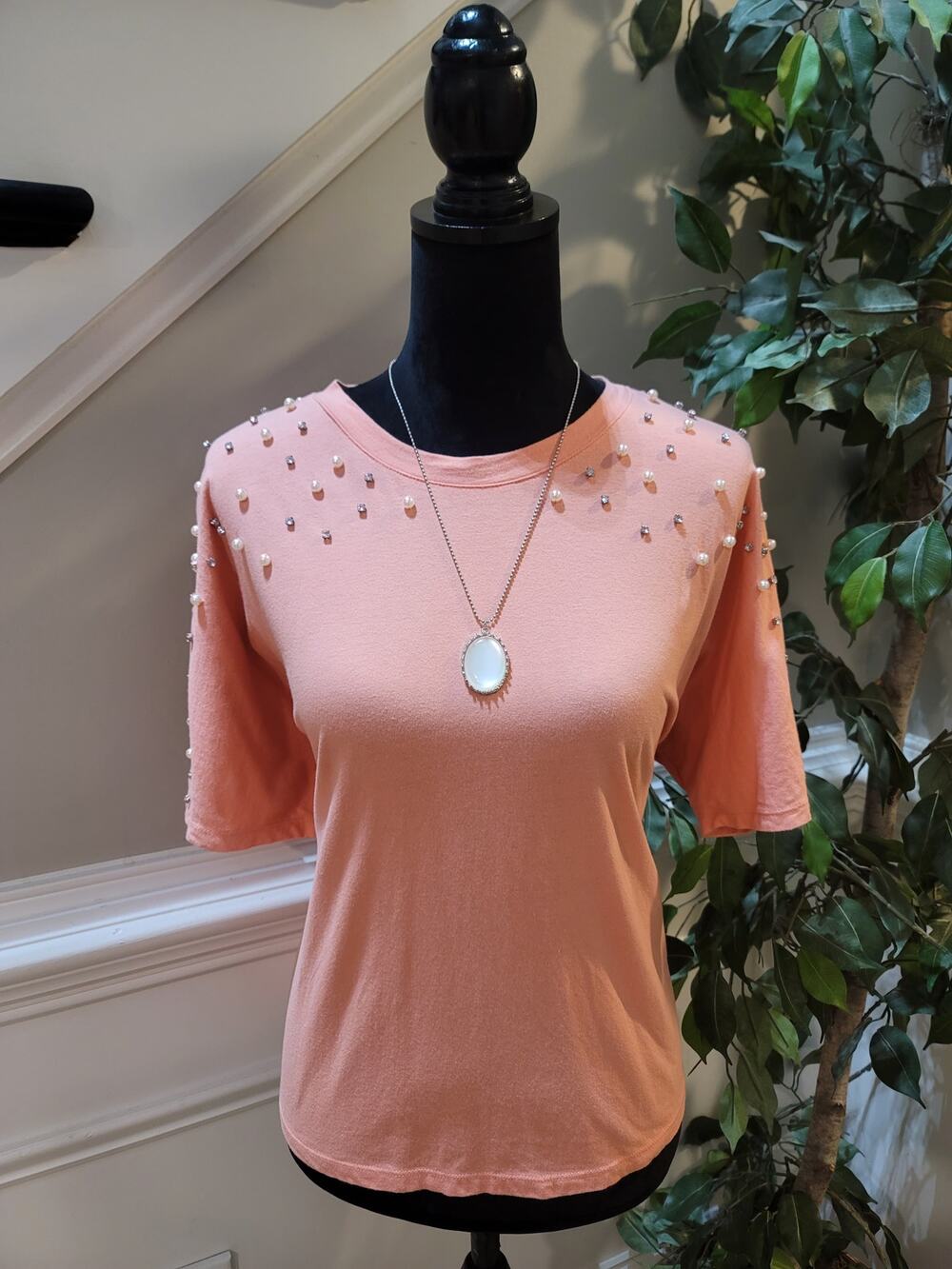INC Blouse Top Women's Medium Peach Rhinestone Pearl Half Sleeves Crew Neck